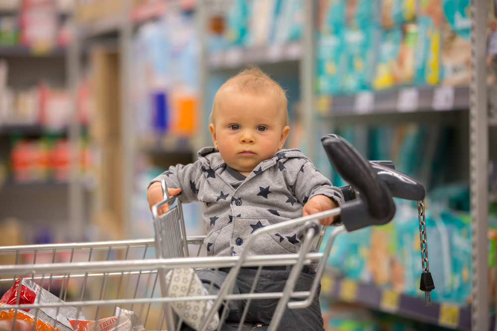 baby in shopping cart while running errands with a baby